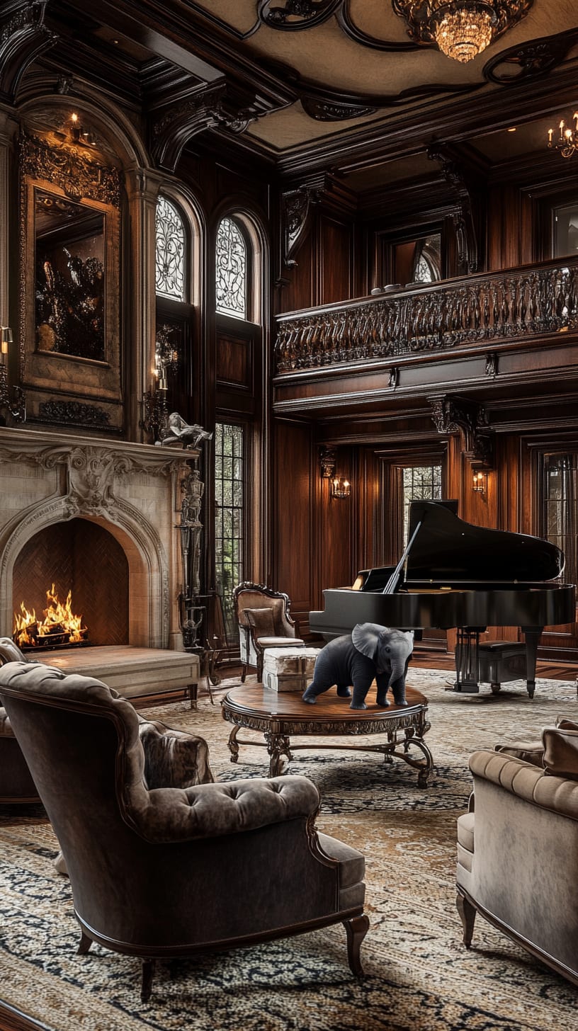 A luxurious Gothic living room with rich wood paneling, a grand piano, plush armchairs, an ornate fireplace, and an elephant statue, all illuminated by warm chandelier lighting.