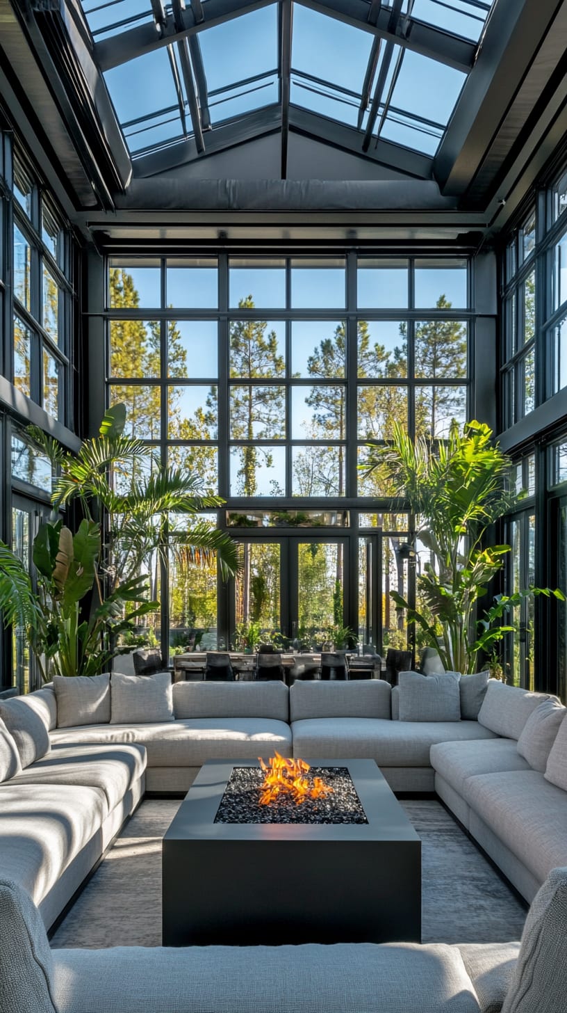 A modern sunroom featuring large glass walls, a sleek black fire pit surrounded by grey sofas, and abundant greenery, highlighted by natural light streaming in through the skylight.