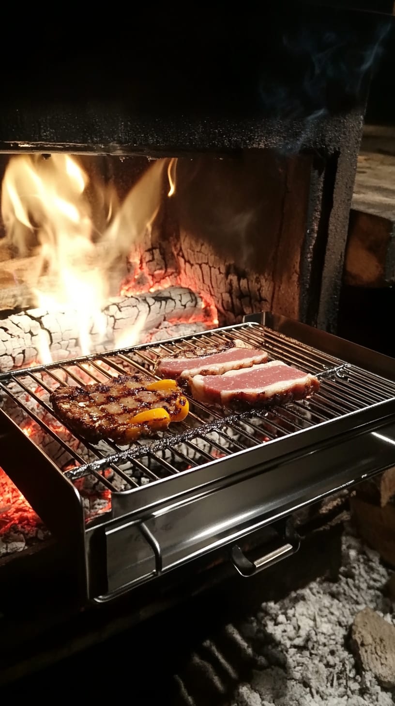 A nostalgic indoor scene featuring a wood-burning stove with grilling meat on a chrome grill, creating a cozy atmosphere with flickering flames.