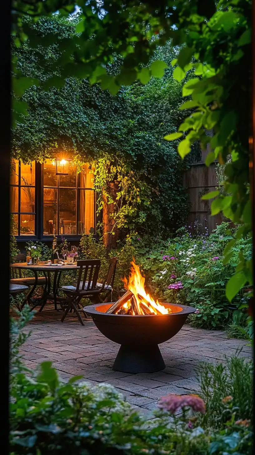 A cozy fire pit surrounded by lush greenery and flowers in an English garden, inviting people to gather for warmth and conversation.