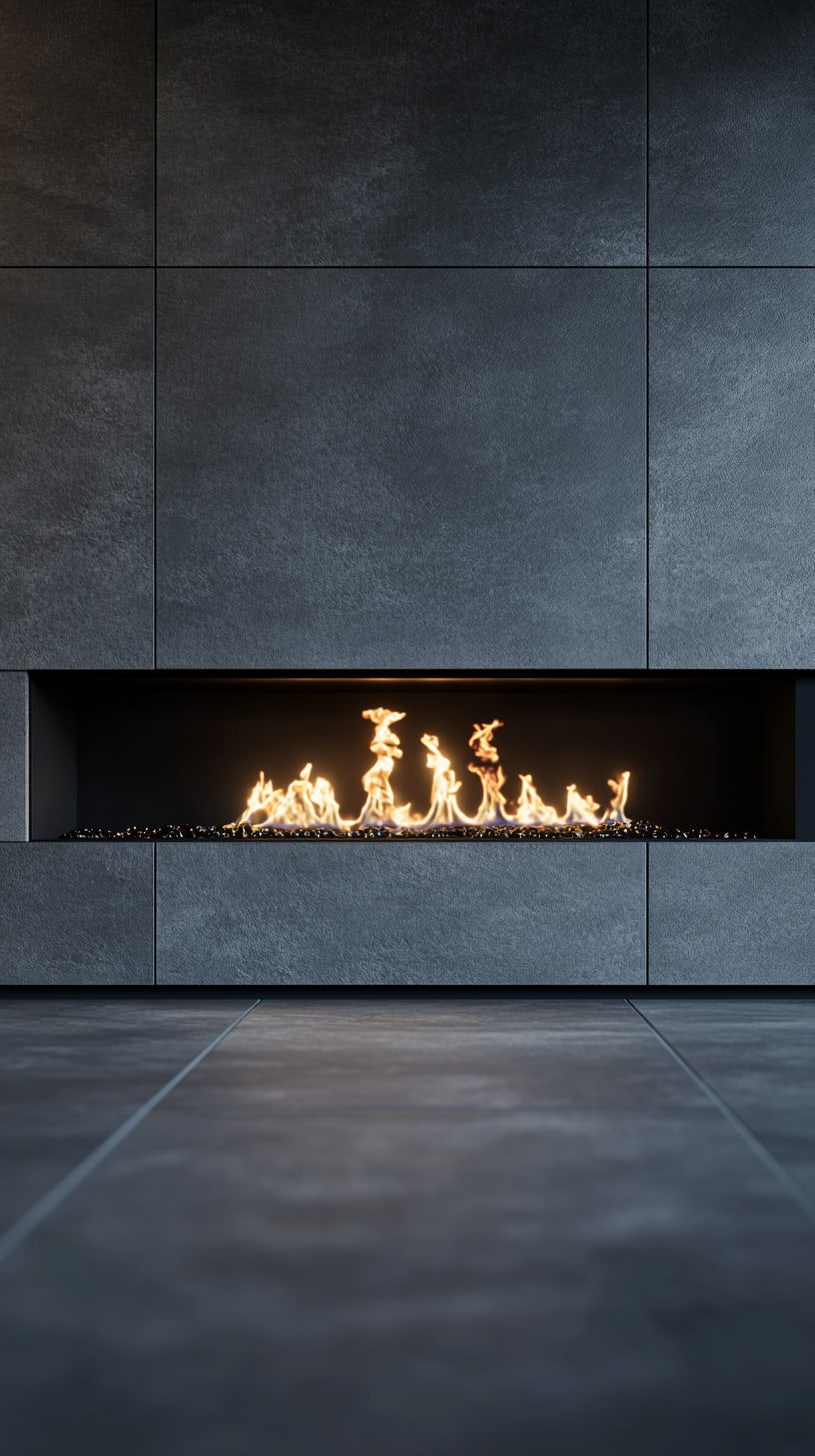 A stylish minimalist fireplace set against dark gray walls, creating a warm and elegant atmosphere in a modern interior.