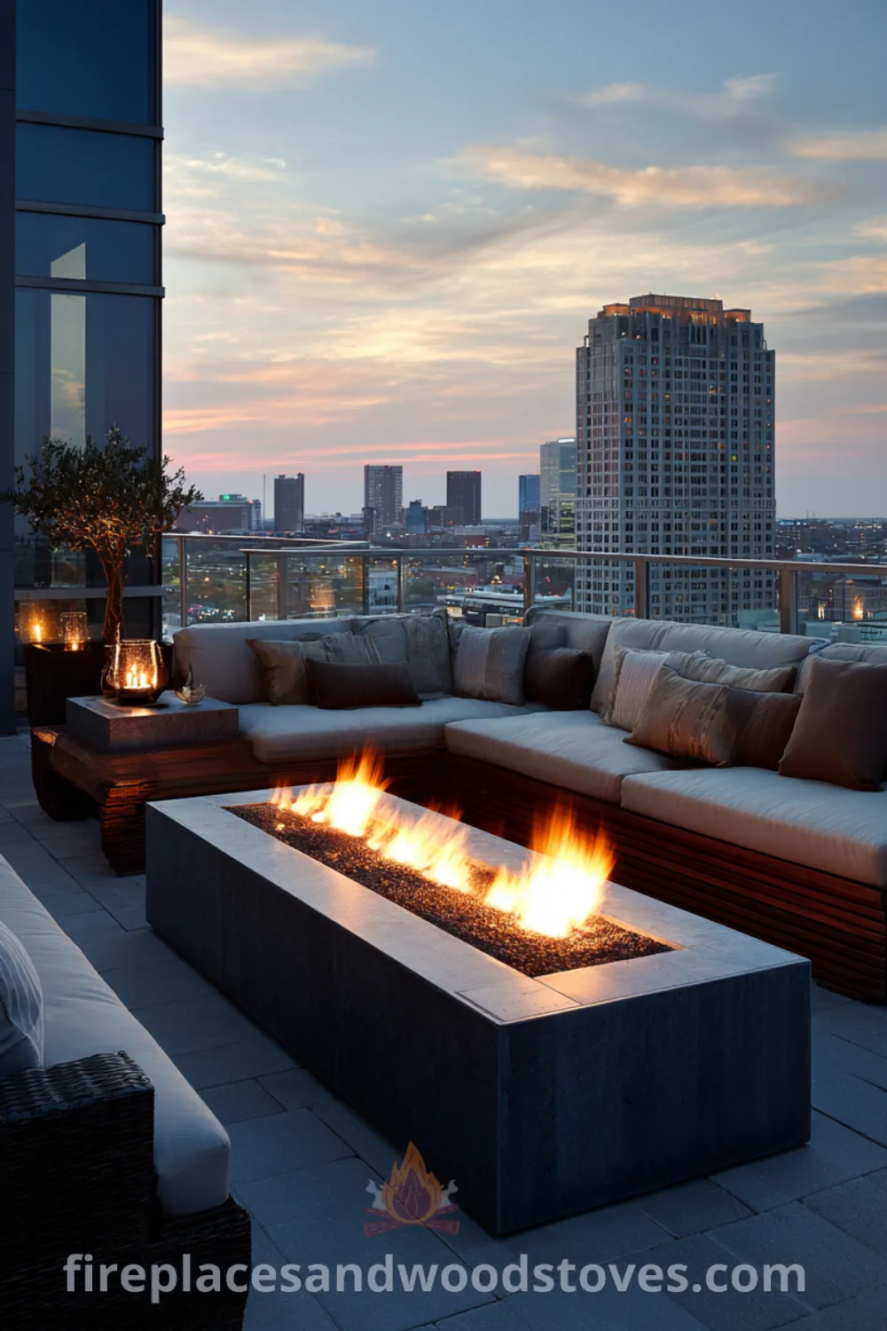 Rooftop terrace with brushed stainless steel modern luxury fire pit, plush seating, and an urban skyline view for an opulent outdoor fire feature.