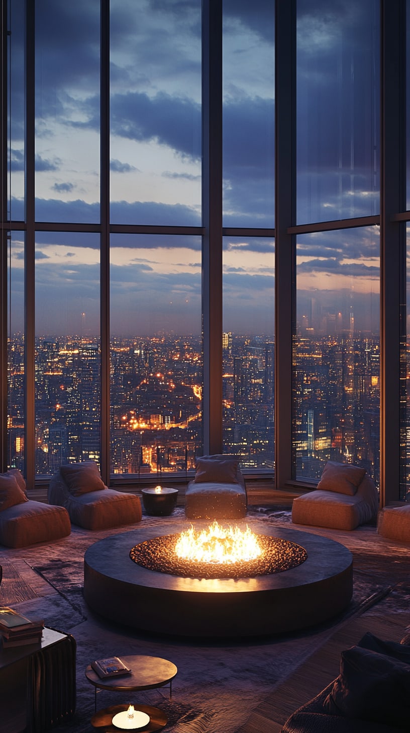 A modern high-rise living room with a circular fire pit, cozy seating, and floor-to-ceiling windows showcasing a city skyline at night.