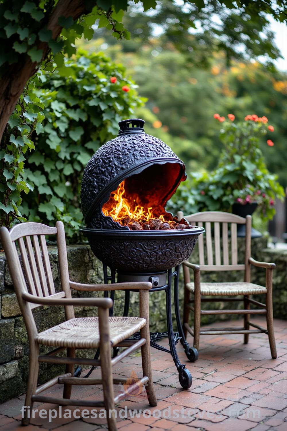 Victorian wrought iron outdoor barbecue on a stone patio with flickering flames and intricate metalwork, surrounded by greenery and weathered wooden chairs, creating a cozy atmosphere perfect for outdoor gatherings, as seen on fireplacesandwoodstoves.com.