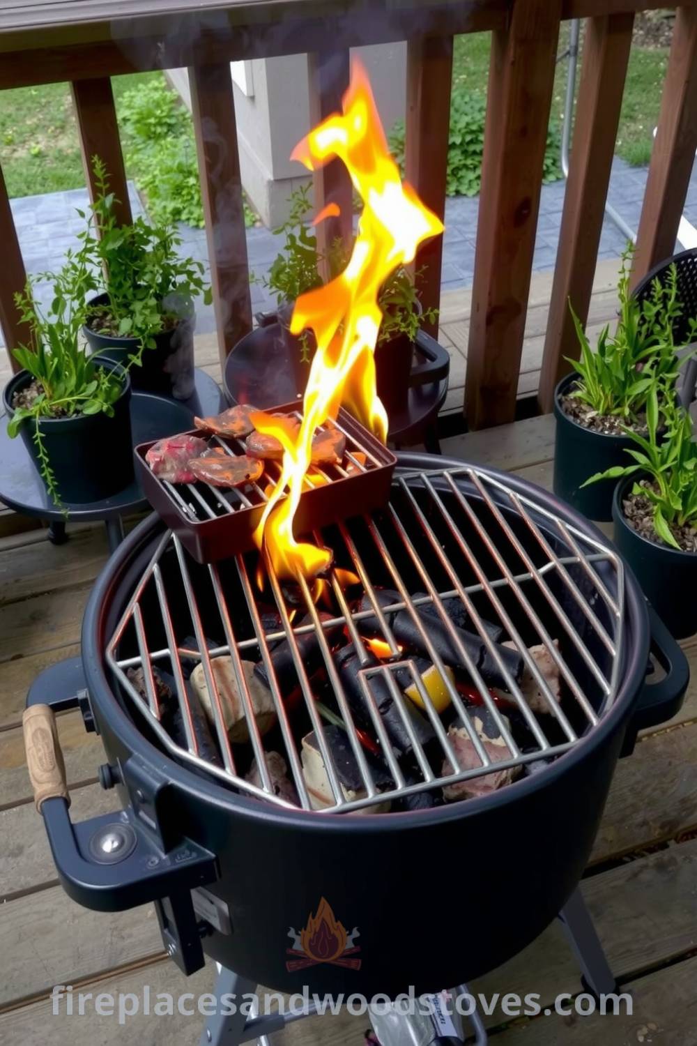 Charcoal barbecue on a wooden deck with weathered grates, surrounded by potted herbs, flickering flames, and grilling meat, creating a cozy and inviting atmosphere perfect for summer gatherings, as seen on fireplacesandwoodstoves.com.