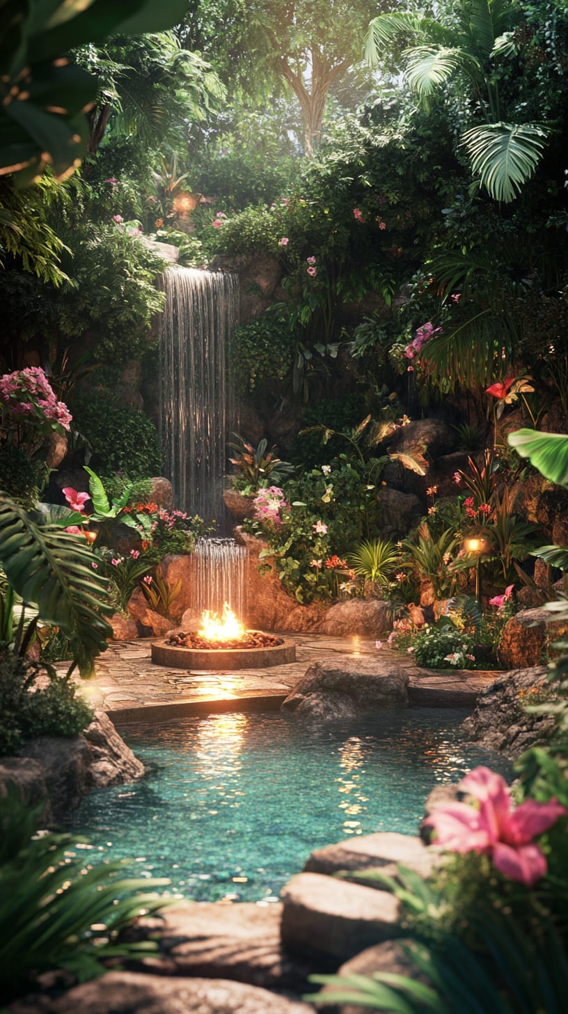 A serene tropical garden with vibrant flowers, cascading waterfalls, and a central pool illuminated by a fire pit, creating a tranquil atmosphere.