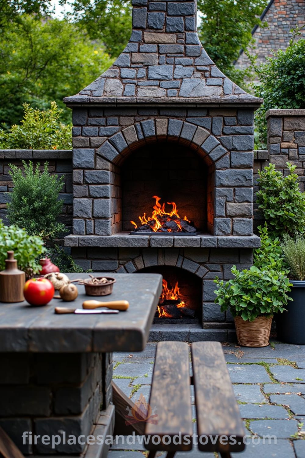 Gothic stone outdoor barbecue in a secluded garden, featuring flickering flames, thick flagstone, and a weathered wooden table with grilling tools and fresh ingredients, creating cozy ideas for your home and enhancing outdoor cooking experiences. Visit fireplacesandwoodstoves.com for unique decor inspirations.