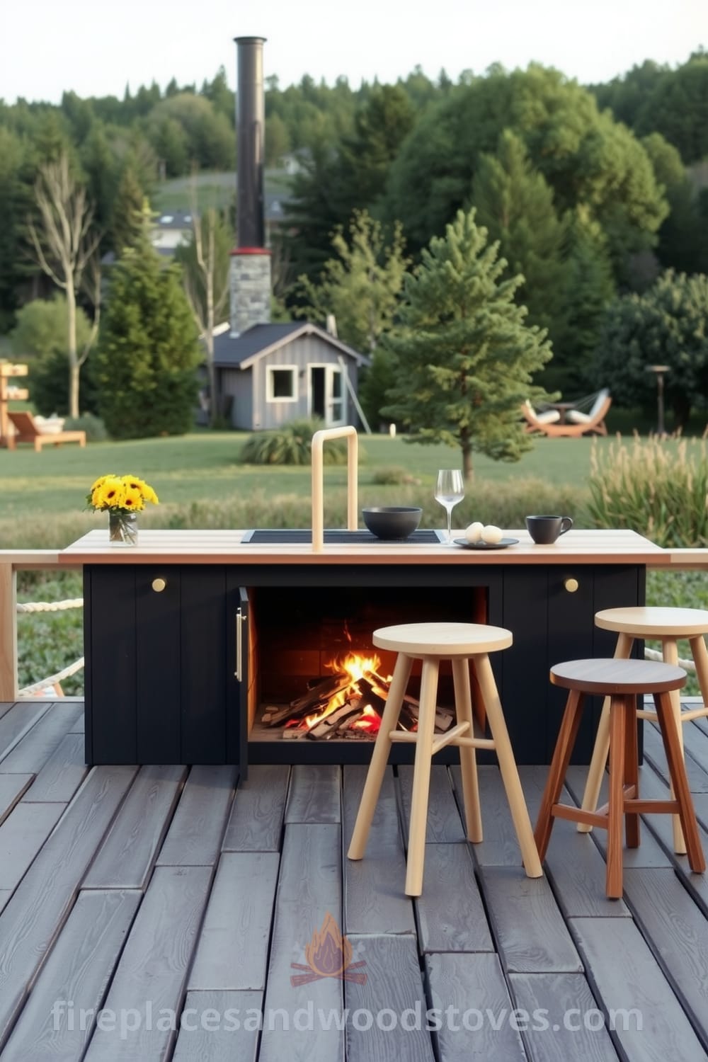 Scandinavian minimalist outdoor barbecue on a wooden deck illuminated by wood fire, surrounded by natural landscape and minimalist stools, creating a cozy atmosphere for gatherings. Ideas for your home, designing unique decor inspirations at fireplacesandwoodstoves.com.