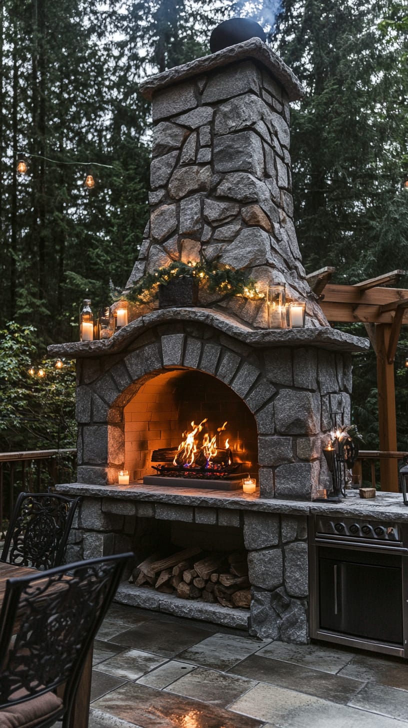 A stone outdoor fireplace surrounded by greenery, with candles and lights, creating a cozy atmosphere in a forest setting.
