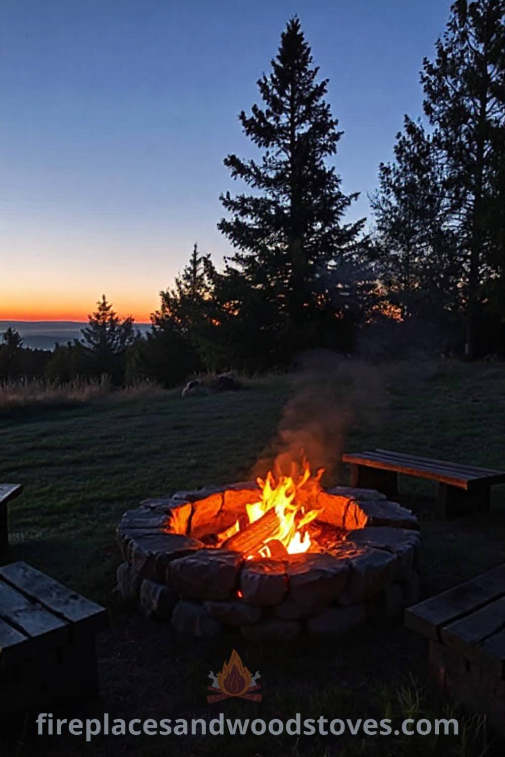 Stone fire pit surrounded by rustic wooden benches on a grassy knoll, with a warm fire flickering and evening twilight sky, creating a cozy outdoor gathering space for memorable nights, visit patioandhomefurniture.com for stylish backyard ideas.