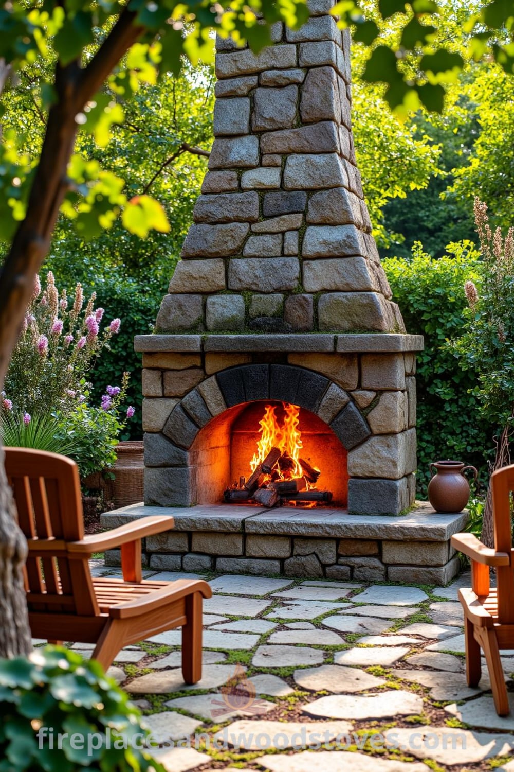 Rustic outdoor fireplace in a sunlit garden, featuring a moss-covered stone structure, warm flickering flames, and inviting wooden chairs nearby, creating cozy ideas for outdoor gatherings, perfect for inspiring decor ideas at fireplacesandwoodstoves.com.