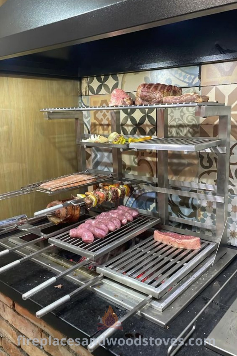 A full grill with a variety of meats and sausages on its racks, showcasing an outdoor kitchen design that