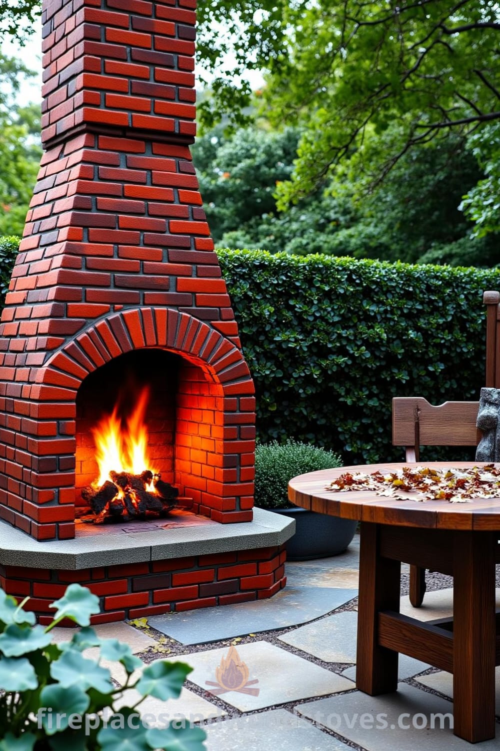 Tudor brick outdoor fireplace dominating a cozy patio with deep red hues, warm flickering flames, and uneven stone tiles, complemented by a rustic wooden table adorned with leaves, creating an inviting space for gatherings. Visit fireplacesandwoodstoves.com for cozy ideas and design inspirations for your home.