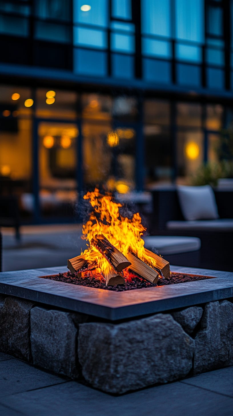 A square fire pit surrounded by comfortable seating in a modern hotel courtyard at night, illuminated by warm flames against a sleek architectural backdrop.