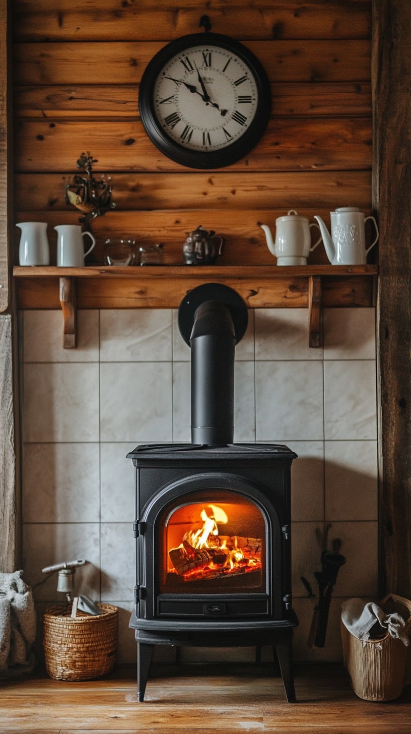 A rustic cabin interior featuring a wood-burning stove, wooden paneling, shelves filled with coffee mugs, and warm lighting, creating a cozy and inviting atmosphere.
