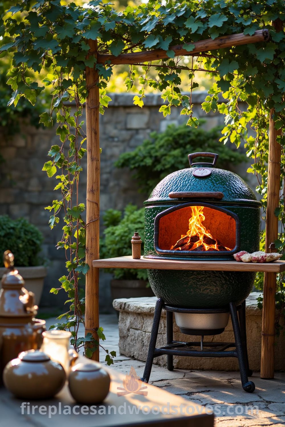 Bamboo-framed outdoor barbecue in a serene garden setting with wood-fired flames, surrounded by greenery and a rustic wooden table, offering cozy design ideas for your home at fireplacesandwoodstoves.com.
