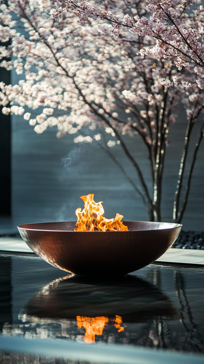 A polished copper bowl-shaped fire pit surrounded by cherry blossoms, creating a serene outdoor setting.