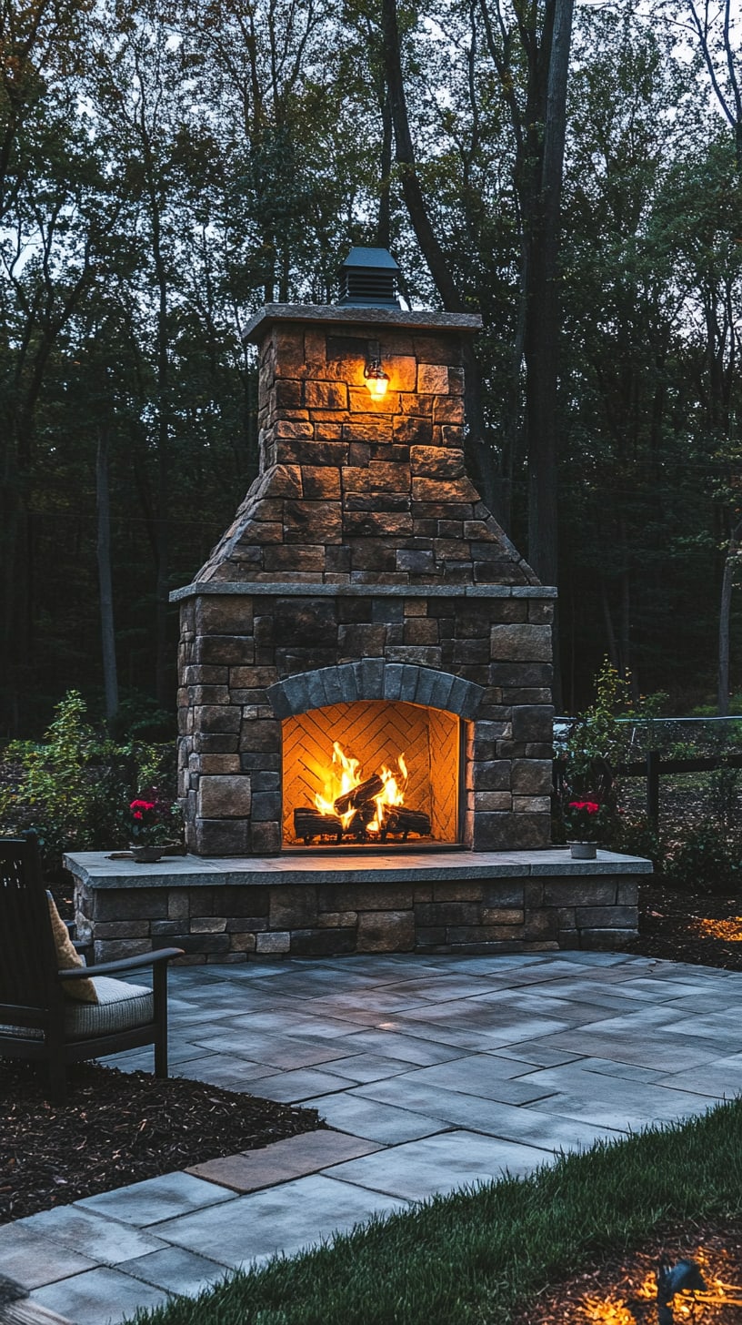 An outdoor fireplace made of stone, surrounded by lush landscaping in a backyard at night, with a warm fire burning and glowing ambiance.