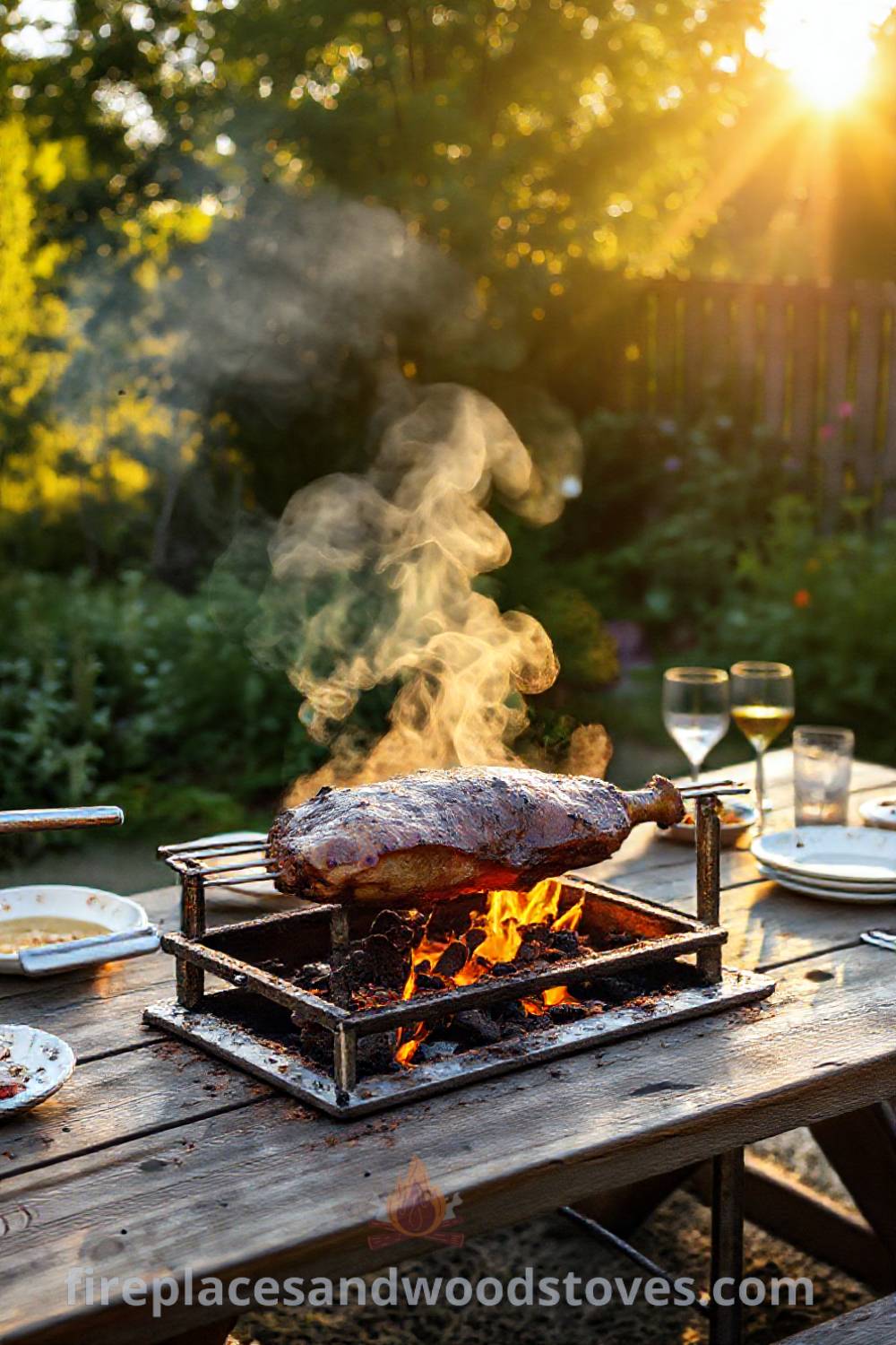 Spit BBQ in a sun-drenched garden with a slow-roasting piece of meat, surrounded by a rustic picnic table and mismatched dishes, creating a cozy and inviting atmosphere for friends and family gatherings, perfect for incredible outdoor dining inspiration. Visit patioandhomefurniture.com for ideas that will wow your guests.