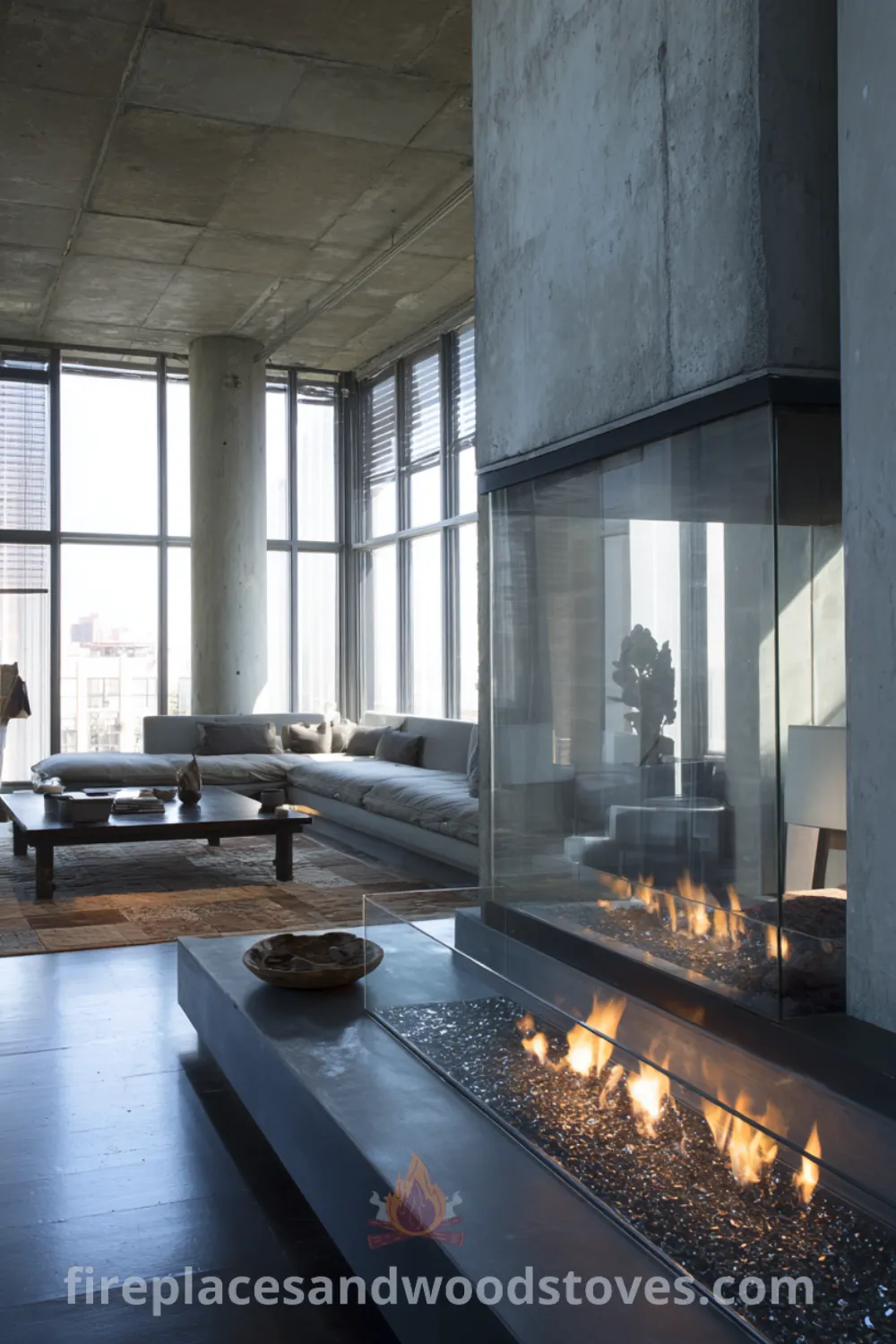 Industrial Scandinavian fireplace with gas flames, raw concrete walls, large windows, and minimalist furniture in a cozy urban retreat.