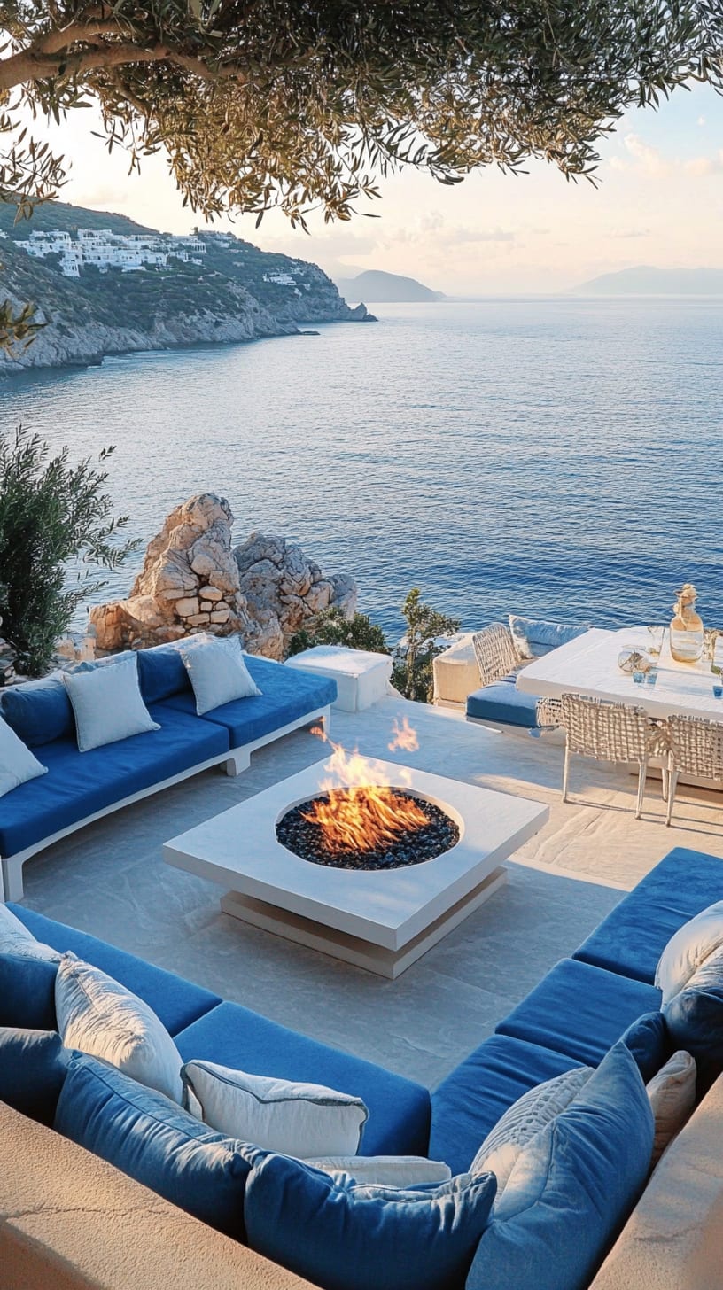 A cozy outdoor living area featuring blue sofas, a modern fire pit, and a white stone table, all overlooking the sea in a Mediterranean setting.
