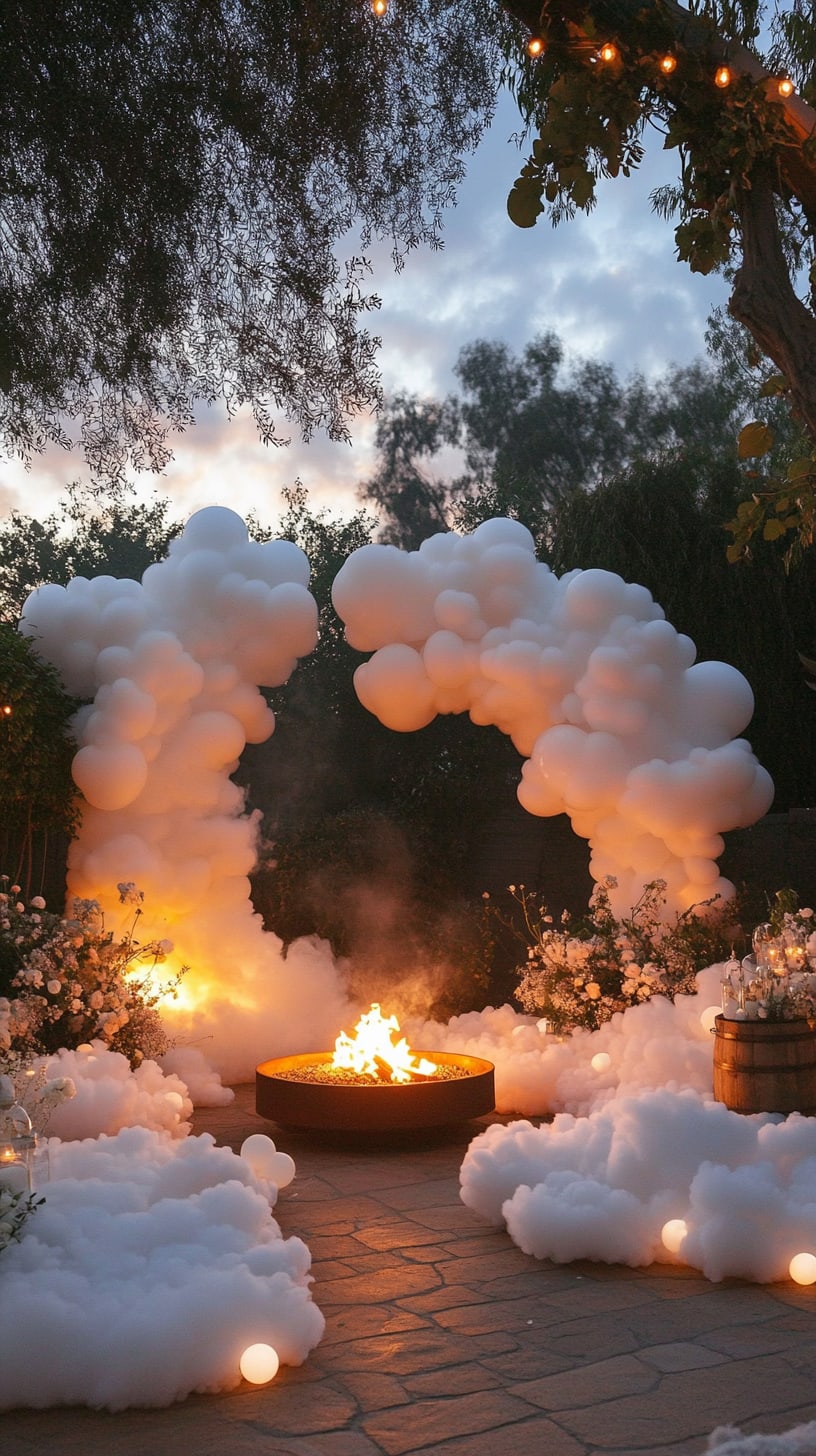 A whimsical cloud-themed wedding ceremony setting with white balloon arch, a fire pit, and soft lighting, creating a romantic atmosphere.