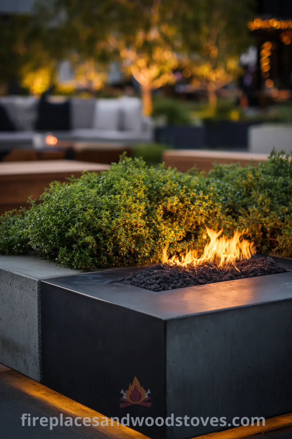 Modern fire pit with sleek design, surrounded by lush greenery in a meticulously landscaped area, featuring luxury fire pit and minimalist garden elements.