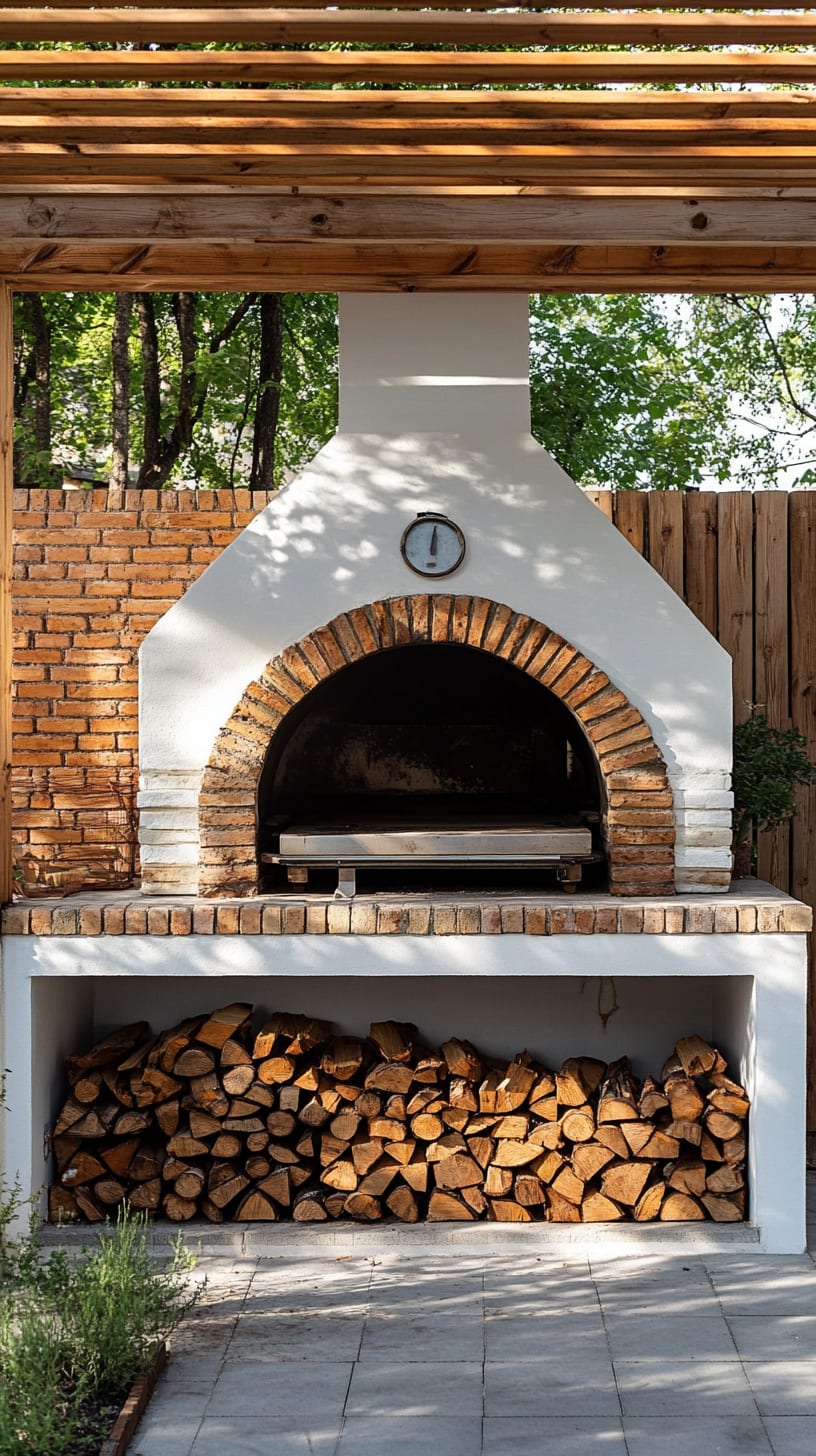 An outdoor pizza oven made of white and red brick, featuring a cozy firewood storage area, surrounded by a minimalist garden design.