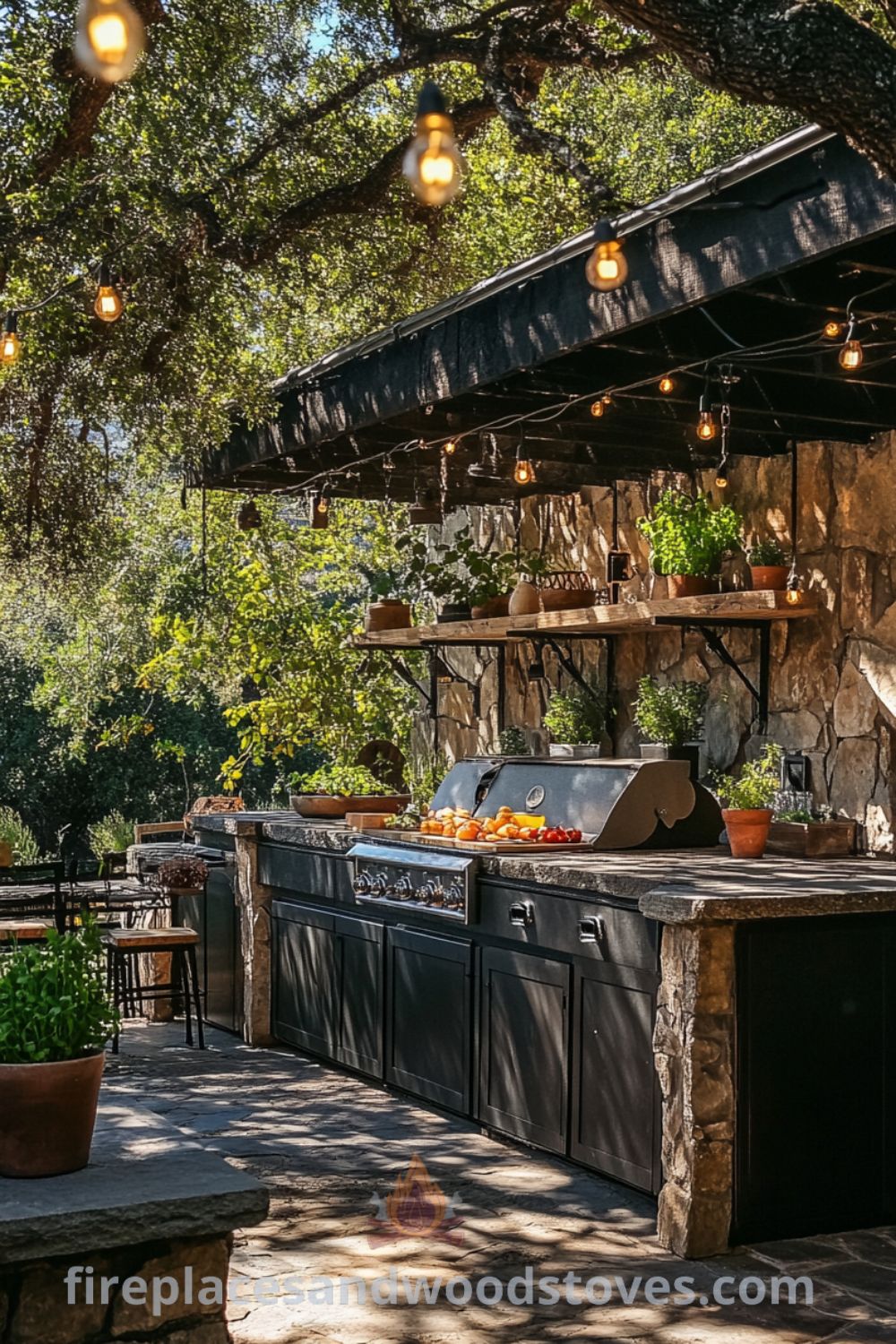 Outdoor grill station on fireplacesandwoodstoves.com, showcasing a cozy outdoor kitchen with a cooking station, patio design, and rustic kitchen decor ideas for outdoor dining.