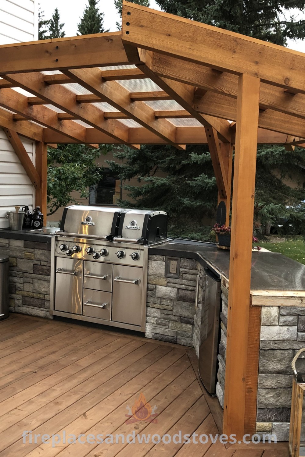 An outdoor grill area on a deck, featuring a grill station, cozy seating, and a pergola for shade, showcasing backyard grill setup ideas and designs transforming your outdoor space. Discover more stylish outdoor inspirations at patioandhomefurniture.com.