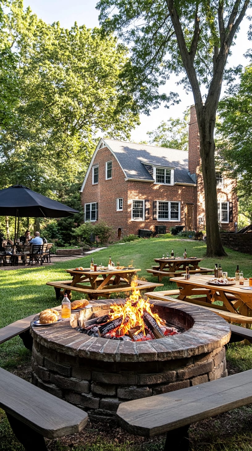A cozy outdoor dining area with a large stone fire pit surrounded by wooden tables and benches, under tall trees, creating a social setting.