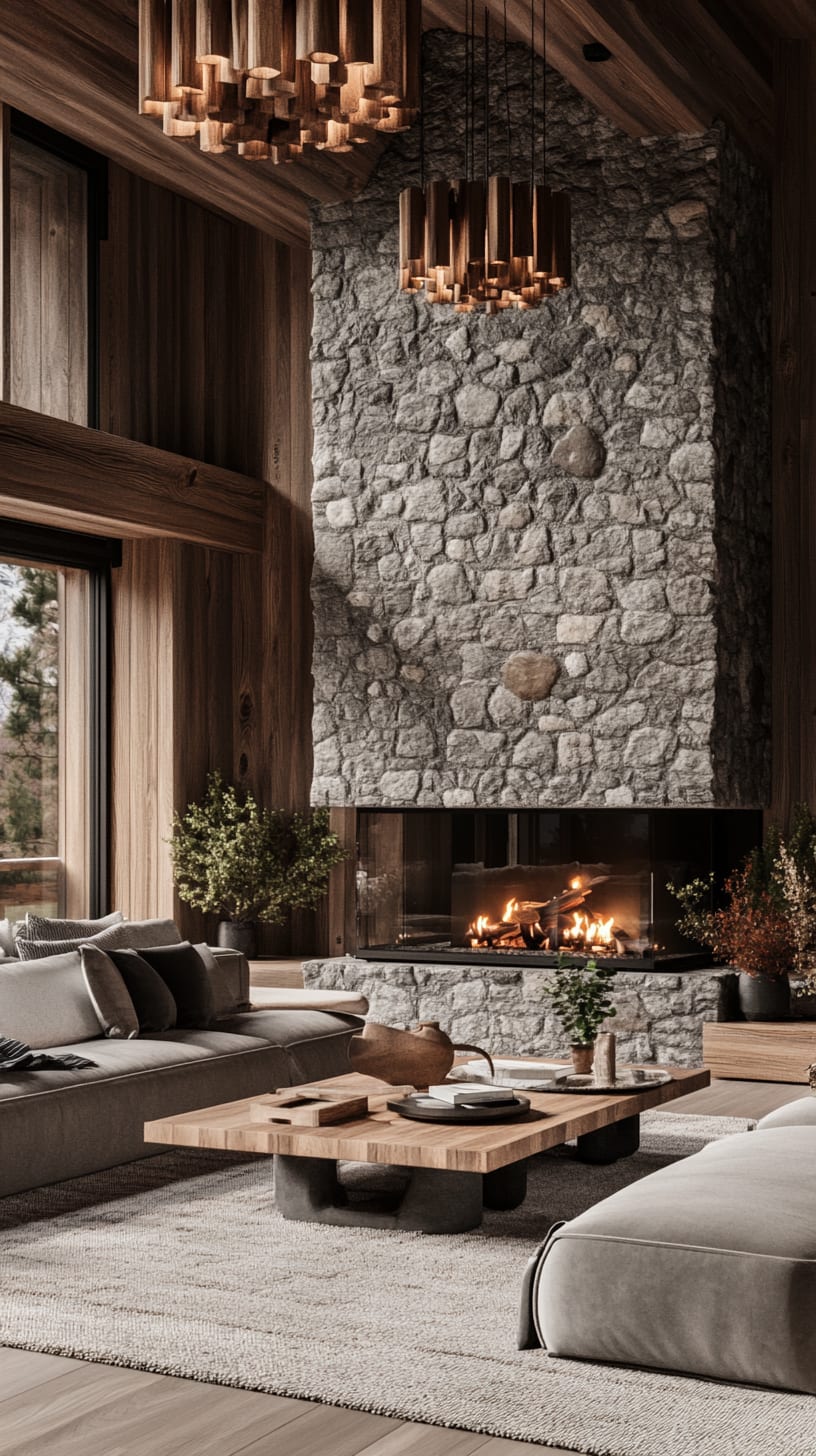 A modern rustic living room featuring a gray stone fireplace, warm wooden beams, large windows with forest views, and cozy furniture, creating an inviting and serene atmosphere.