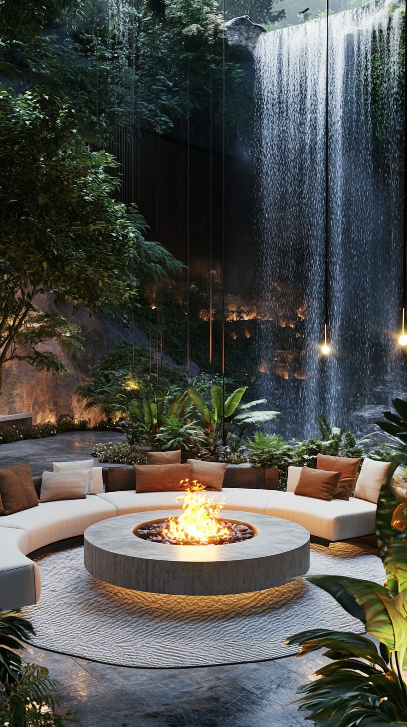 A modern circular seating area with a large fire pit, surrounded by lush greenery and waterfalls, creating a serene outdoor setting.