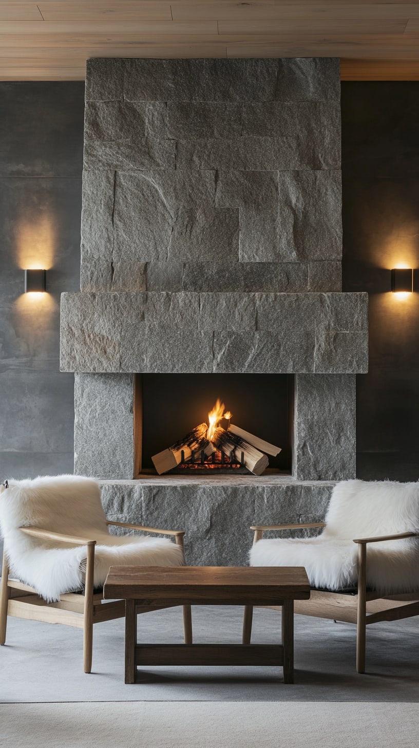 A modern, luxurious fireplace made of rough-textured grey stone, surrounded by white fur armchairs and warm lighting, creating a cozy atmosphere in an alpine lodge setting.