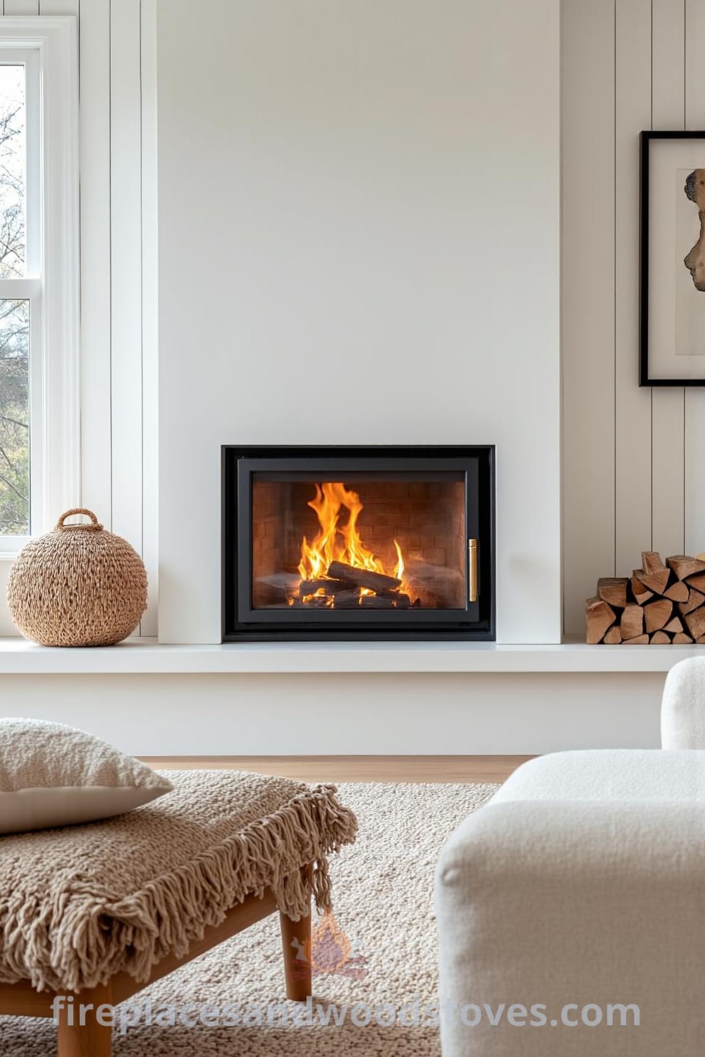 Scandinavian whitewashed fireplace in a minimalist living space featuring a warm glow from flickering flames, soft pale wood paneling, cozy cushions on a low seating arrangement, and a textured woven rug, creating a cozy home atmosphere perfect for relaxation and togetherness. Visit fireplacesandwoodstoves.com for more cozy ideas.