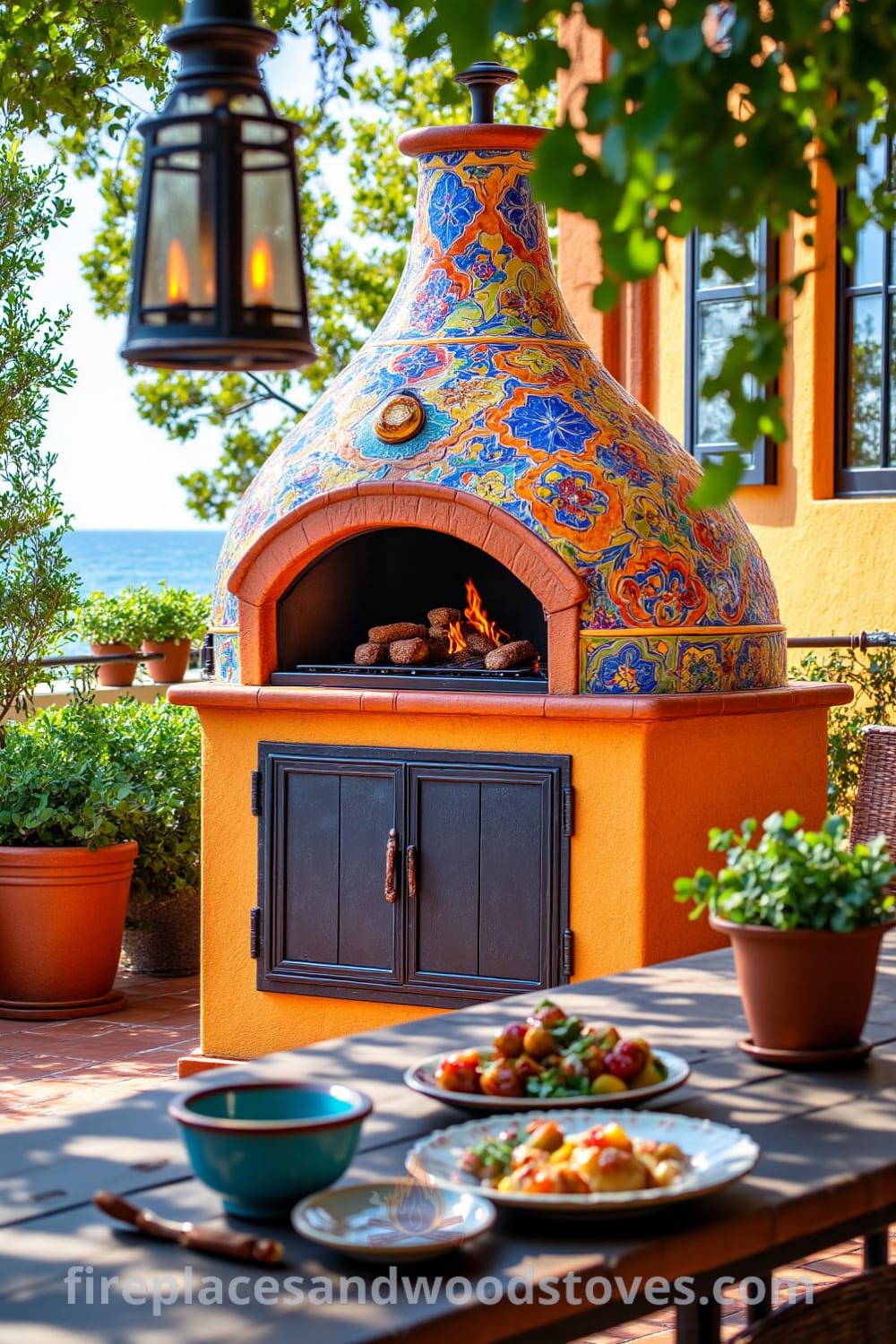 Colorful Mediterranean tile outdoor barbecue on a sun-drenched patio surrounded by lush plants and terracotta tiles, with a cozy fire crackling, providing decor ideas for an inviting alfresco dining experience at fireplacesandwoodstoves.com.