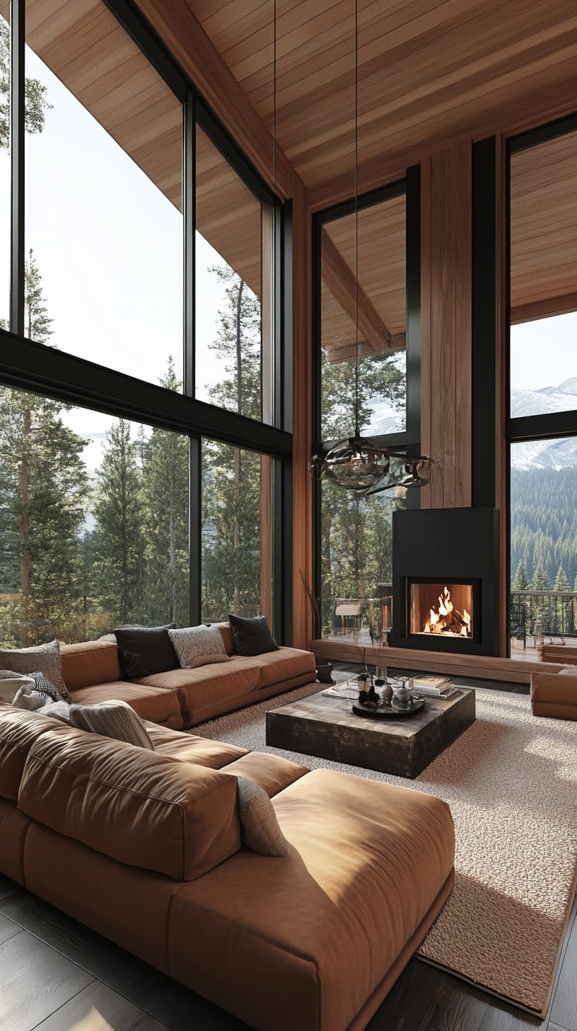 A luxurious modern cabin interior featuring large windows with views of a pine forest and snowy mountains, a cozy leather sofa, and a fireplace, creating a warm and inviting atmosphere.