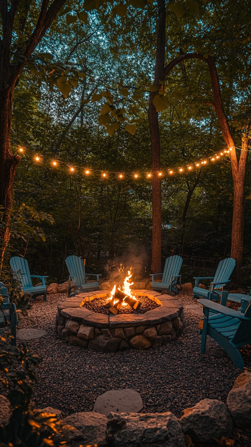 A cozy fire pit surrounded by blue chairs, illuminated by string lights, set in a tranquil outdoor space with trees and foliage at night.