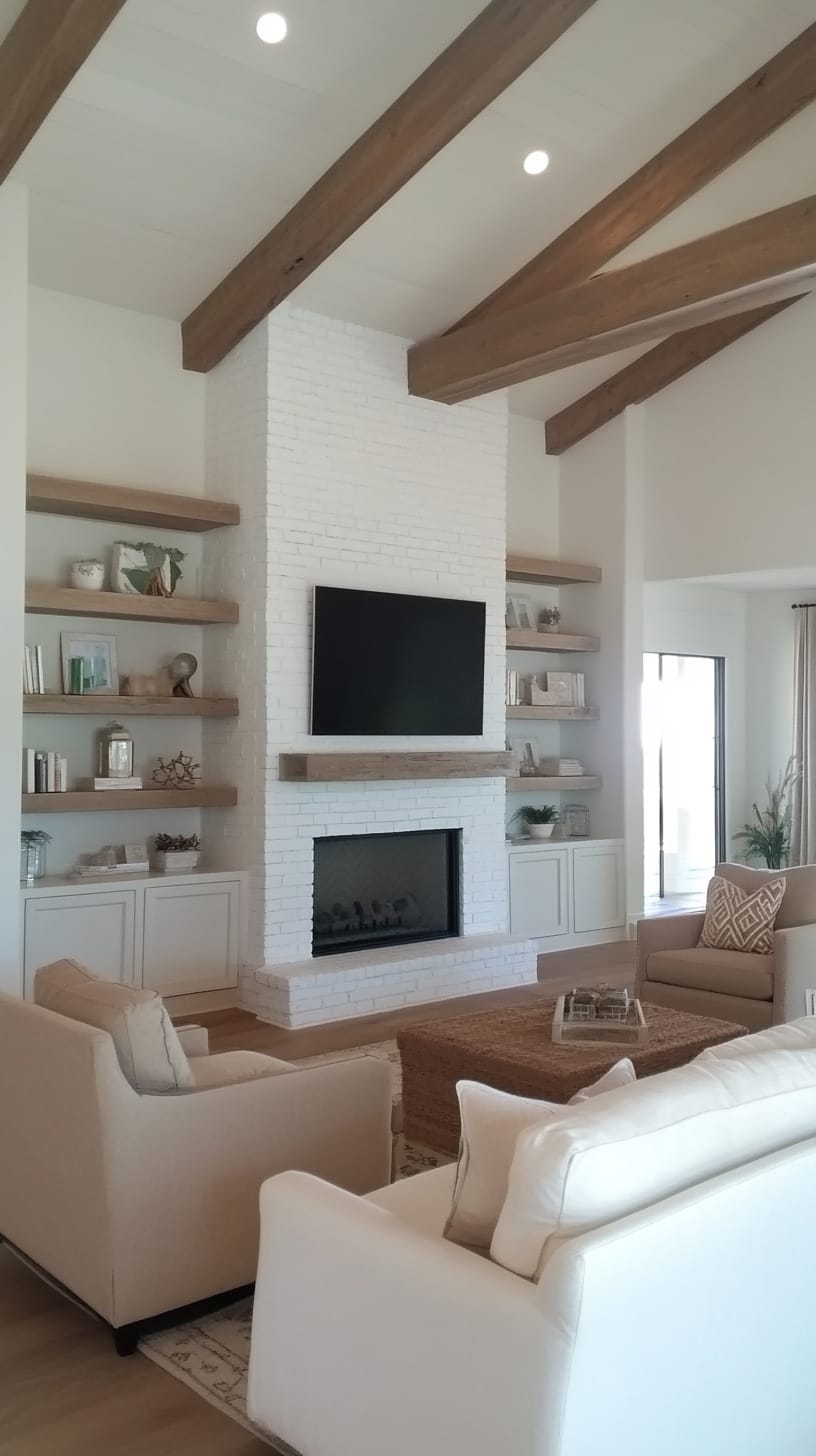 A bright modern farmhouse living room showcasing a white fireplace, built-in shelves, a mounted TV, and comfortable tan couches under light wood beams.