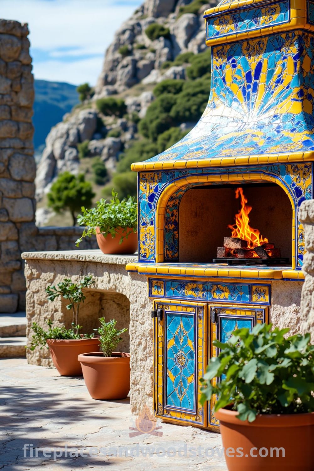 Mediterranean tile outdoor barbecue featuring vibrant blue and yellow ceramics, flickering flames, and an inviting sun-drenched patio with terracotta pots of herbs and mismatched chairs for a warm, inviting gathering space. Visit fireplacesandwoodstoves.com for more inspiring decor ideas.