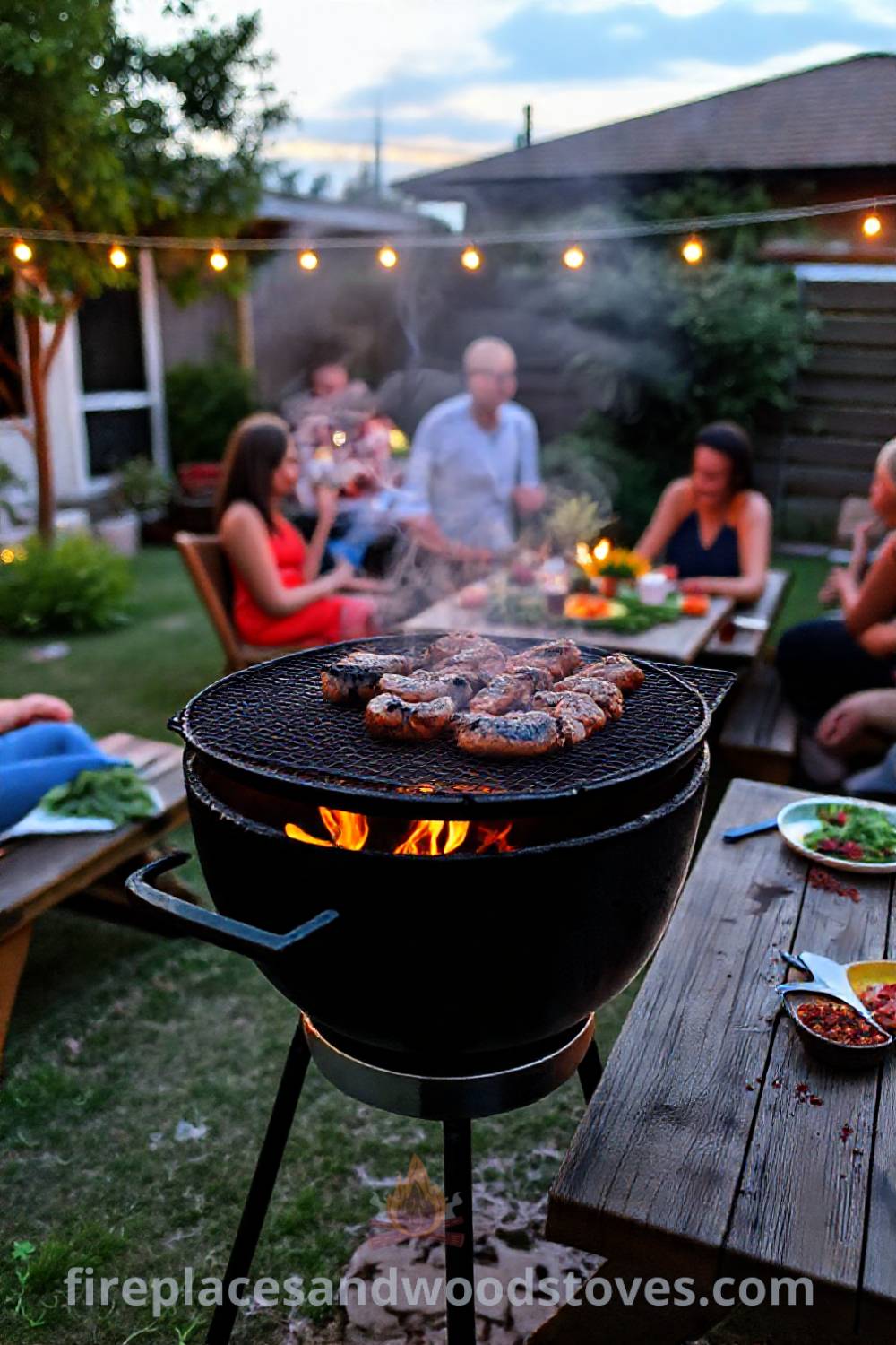 Turkish mangal barbecue in a lively backyard with a blackened grill, a wooden picnic table filled with fresh vegetables and spices, and friends enjoying a cozy outdoor dining experience, offering incredible ideas for transforming your backyard. Visit patioandhomefurniture.com for stylish outdoor designs that will wow your guests.