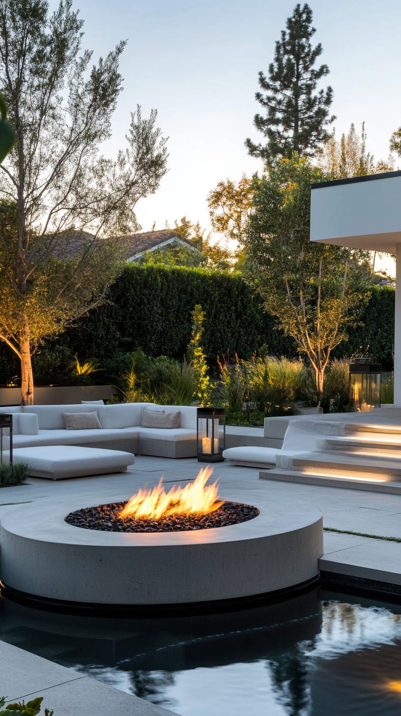 A serene and modern backyard featuring a minimalist fire pit, elegant white seating, and a luxurious pool surrounded by lush greenery, creating a tranquil outdoor retreat.