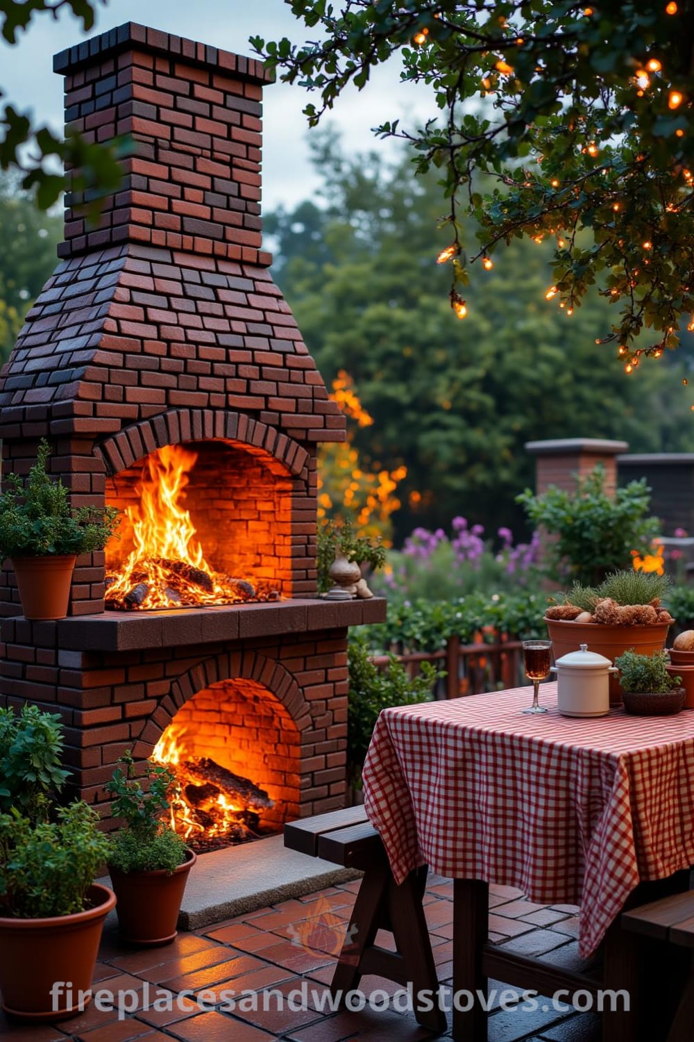 Cozy outdoor barbecue in a spacious backyard featuring a classic brick design, crackling fire, wooden picnic table draped with a vibrant checkered cloth, and fragrant herbs in terra cotta pots, offering cozy ideas and decor inspirations for your home at fireplacesandwoodstoves.com.
