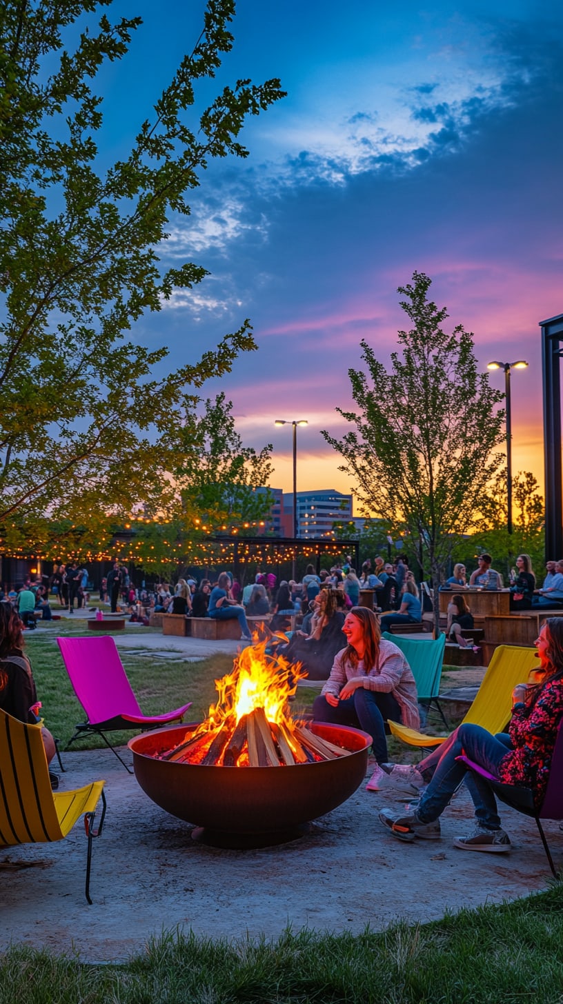 A vibrant outdoor fire pit surrounded by colorful chairs, with people enjoying drinks and laughter during a stunning sunset in an urban park.