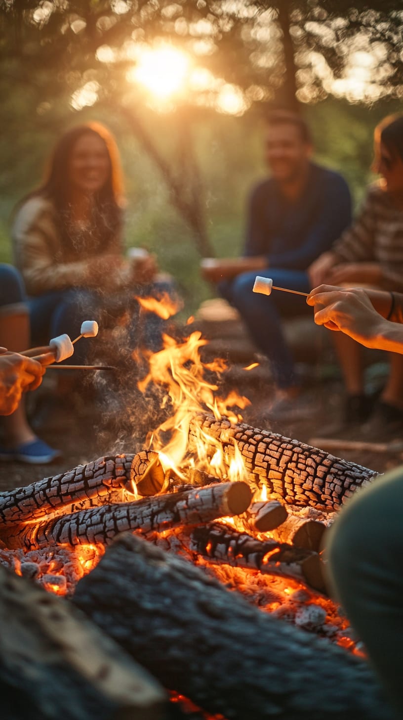 A group of friends joyfully roasting marshmallows over a campfire at sunset, surrounded by nature, sharing laughs and creating lasting memories.