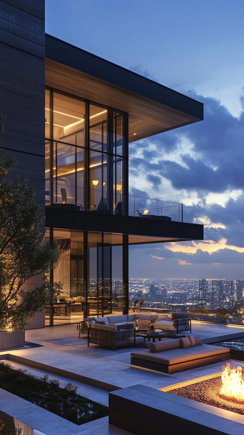 A modern mansion at dusk with floor-to-ceiling windows, an outdoor terrace, and a fire pit overlooking the city skyline.