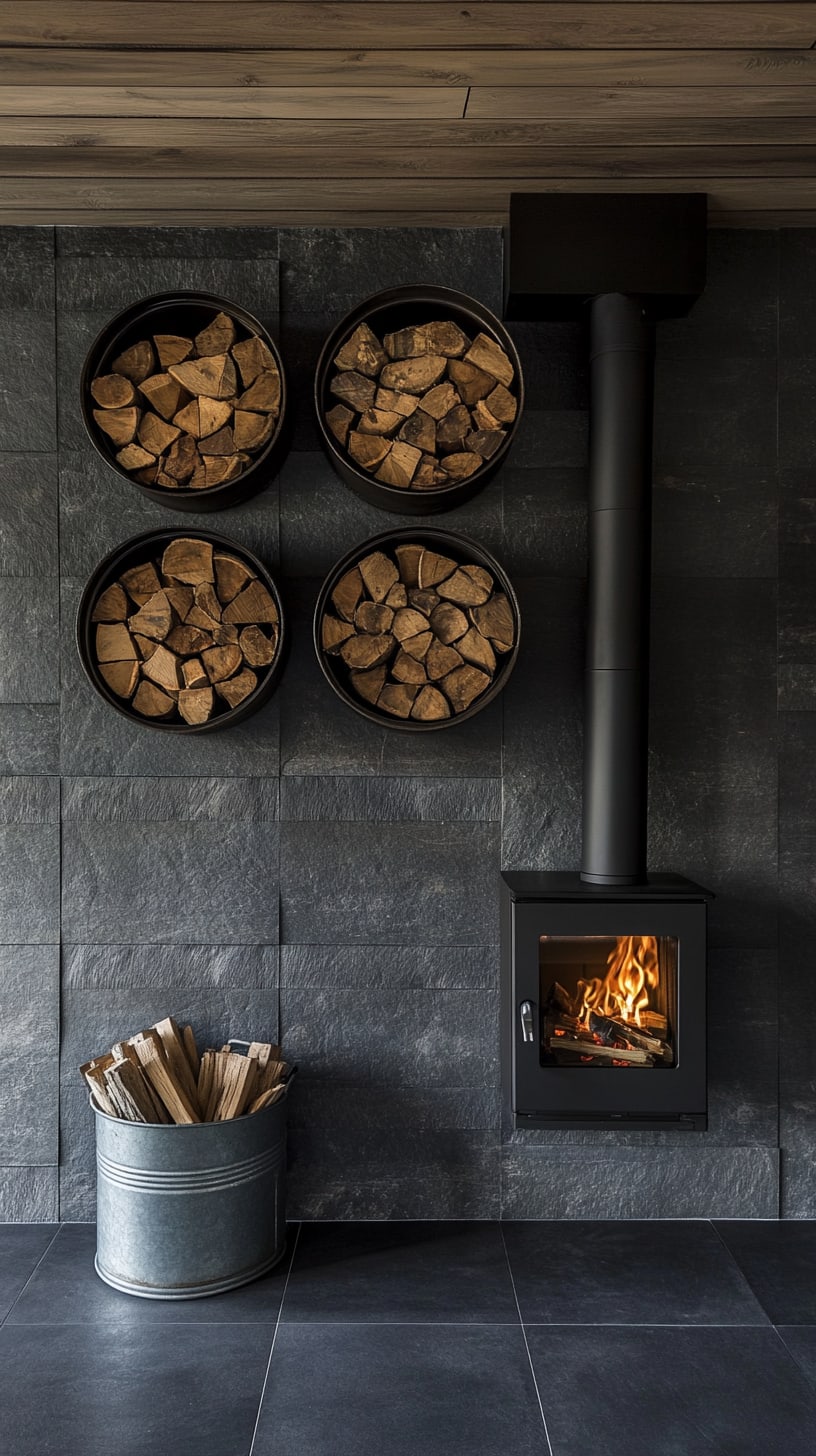 A modern Scandinavian wood stove built into a wall with firewood stacked next to it and metal baskets for logs on dark slate tiles.