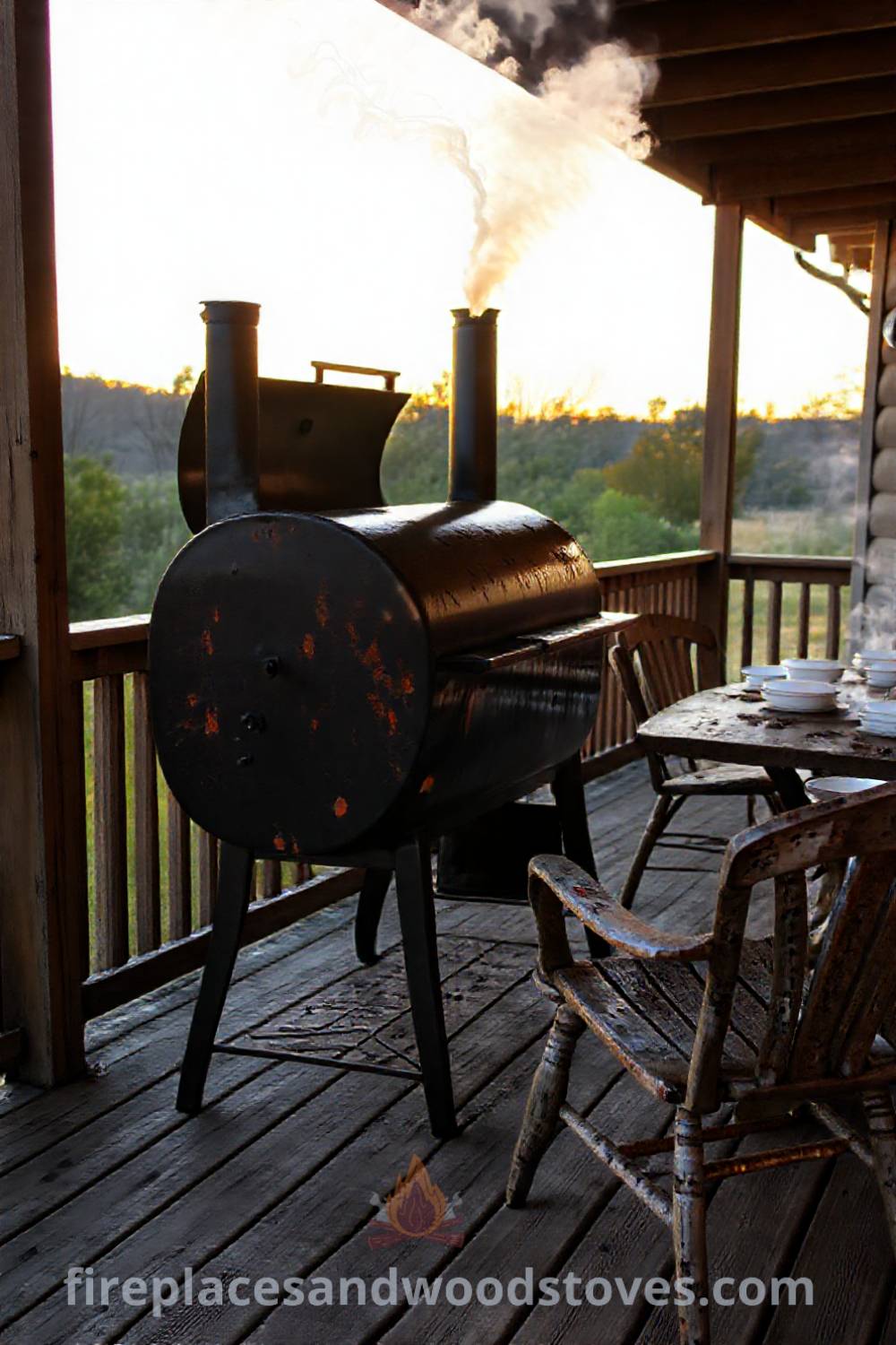Sturdy barbecue smoker on a weathered wooden deck surrounded by mismatched chairs and a rustic table, creating a cozy gathering space for cookouts. Visit patioandhomefurniture.com for incredible outdoor design inspiration.