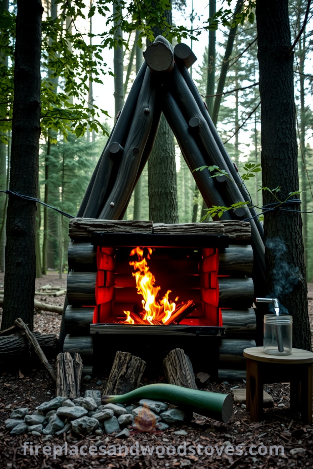 Log-built outdoor barbecue surrounded by towering trees in a secluded forest glade, with flames dancing and illuminating rustic stone seating, wooden table with cooking utensils, creating a warm and inviting atmosphere. Discover cozy ideas at fireplacesandwoodstoves.com.