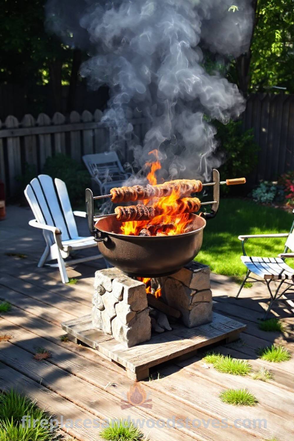 Spit BBQ in a sunlit backyard with rustic stone supports and vibrant green grass, surrounded by mismatched garden chairs, creating a cozy outdoor space for gatherings. Visit patioandhomefurniture.com for incredible outdoor design ideas that will wow your guests.